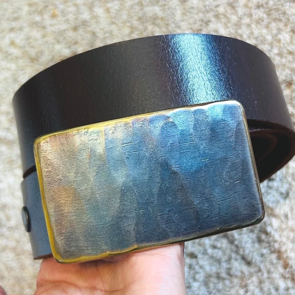 Artisan Hammered Metal Buckle Brown Leather Belt Iridescent Heat Treated Signed